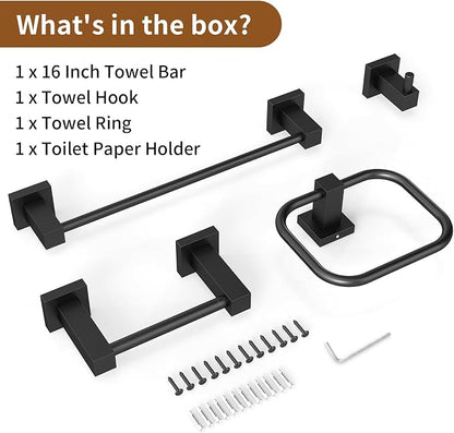 4 Pieces Matte Black Bathroom Hardware Accessories Set, 16 Inch Bath Towel Holder Sets with Toilet Paper Holder, Stainless Steel Towel Racks for Bathroom Wall Mounted