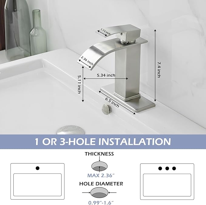 BWE Bathroom Faucet Modern Brushed Nickel Waterfall Single Hole Faucet for Bathroom Sink Single Handle with Pop Up Drain with Overflow Assembly and Supply Line Lavatory Bath Faucet