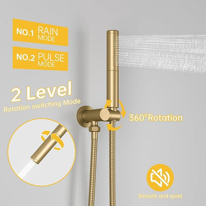 BESy Shower System with 10 Inch Round Rain Shower Head and Handheld Wall Mounted, High Pressure Rainfall Shower Faucet Fixture Combo Set with 2 in 1 Handheld Showerhead for Bathroom, Gold