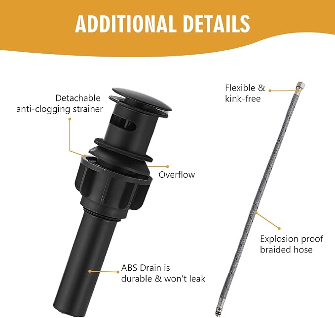 Bathroom Sink Faucet, Waterfall Bathroom Faucet with Pop-up Drain, Supply Hoses and Deck Plate, Suitable for 1 or 3 Holes, Mate Black