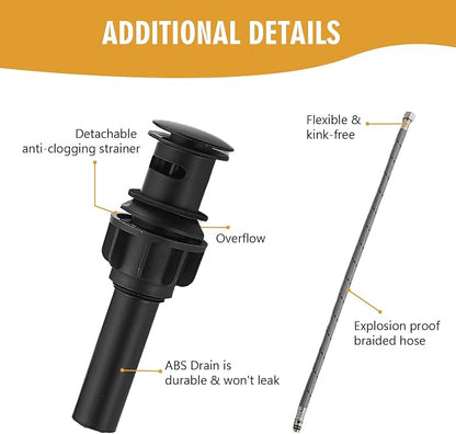 Bathroom Sink Faucet, Waterfall Bathroom Faucet with Pop-up Drain, Supply Hoses and Deck Plate, Suitable for 1 or 3 Holes, Mate Black