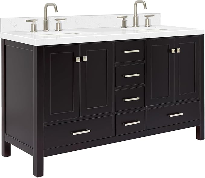 ARIEL Cambridge 60-inch Bathroom Vanity with Sink,Solid Wood, 1.5-inch Carrara White Quartz Countertop, Double Rectangular Porcelain Sink, 4 Soft Closing Doors, 6 Dovetail Drawers, Espresso
