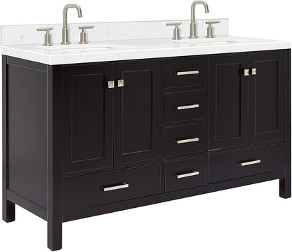 ARIEL Cambridge 60-inch Bathroom Vanity with Sink,Solid Wood, 1.5-inch Carrara White Quartz Countertop, Double Rectangular Porcelain Sink, 4 Soft Closing Doors, 6 Dovetail Drawers, Espresso