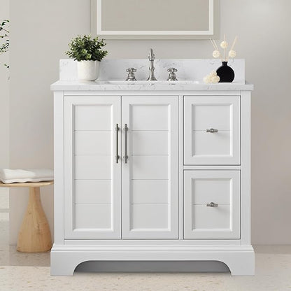 HOMEBEYOND 36 Inch Bathroom Vanity with Single Sink & Ceramic Top, Vanity Cabinet with Center Countertop Basin, Soft-Closing Doors, Backsplash, White