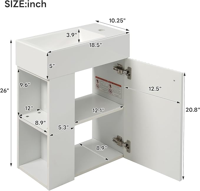 Merax 18.5" White Bathroom Vanity, Wall Mounted Floating Vanity with Doors & Open Shelf, Bathroom Storage Cabinet with White Ceramic Integrated Sink
