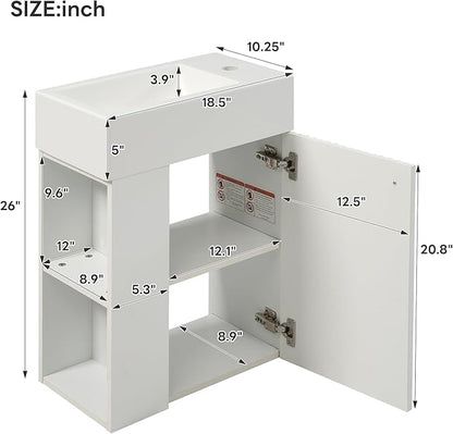Merax 18.5" White Bathroom Vanity, Wall Mounted Floating Vanity with Doors & Open Shelf, Bathroom Storage Cabinet with White Ceramic Integrated Sink