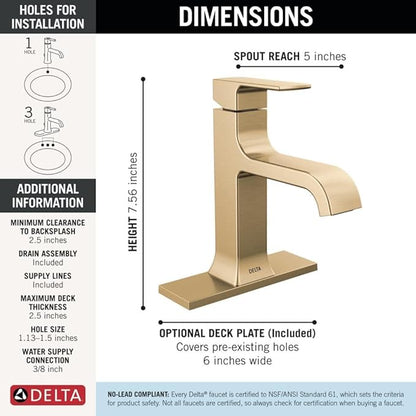 Delta Velum Brushed Gold Bathroom Faucet 1 Hole, Single Hole Bathroom Sink Faucet for Vanity, Metal Push-Pop Drain Assembly, Champagne Bronze 539-CZMPU-DST