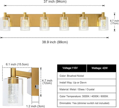 SineRise Vanity Light with 3 Color Modes (3000K/4000K/6000K), Eye Protection LED Bathroom Light Fixture, Dimmable Modern Wall Light Over Mirror with Clear Glass Shade (Gold, 6-Light)