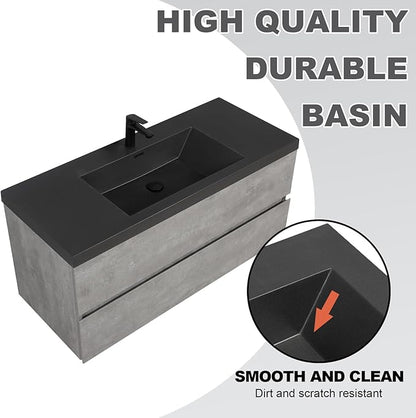 Wall Mounted 48 Inch Bathroom Vanity with Sink, Floating Vanity Bathroom, Single Sink Bathroom Vanity, 2 Drawers, 2 Soft Closing Doors, Resin Integrated Sink (Dark Birch)
