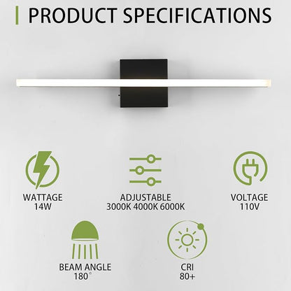 24 Inch LED Bathroom Vanity Light, 3-Color Selectable 3000K-6000K, IP44 Waterproof Wall Sconce for Makeup Mirror, Modern Black Vanity Lighting for Bathroom & Bedroom