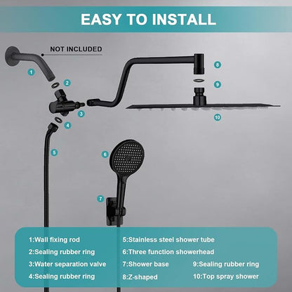 Rainfall Shower Head,12 Inch Rain High Pressure Shower Head with Spray Combo,14 Inch Adjustable Extension Arm and 3 Spray Filtered Shower Head with Filters,79 Inch Long Shower Hose,Matte Black