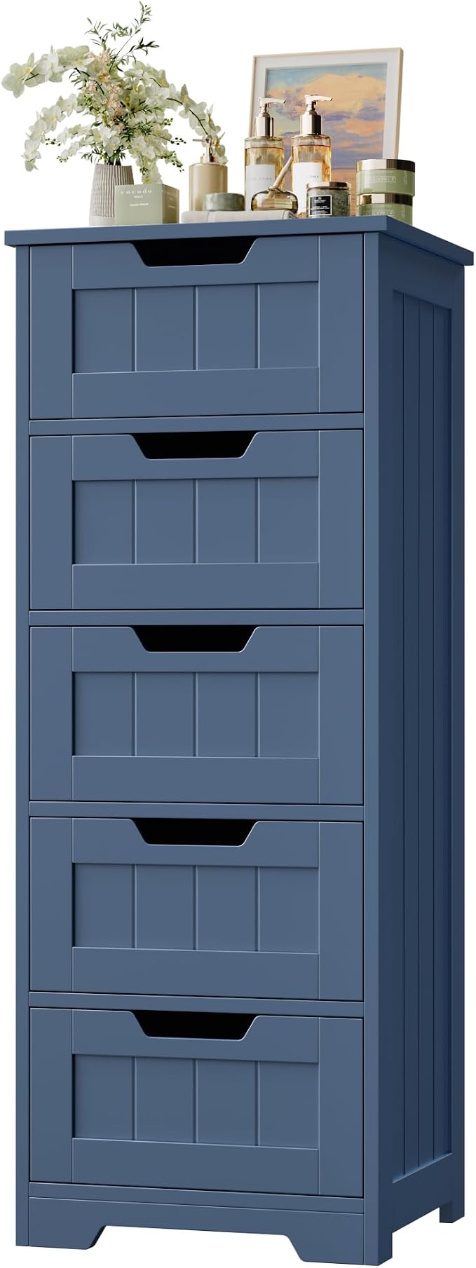FOTOSOK Bathroom Cabinet, Bathroom Storage Cabinet with 5 Drawers, Blue | Narrow Bathroom Storage with Cut-Out Handles, 11.8” x 15.7” x 40.1”, Slim & Small Floor Cabinet for Laundry/Hallway