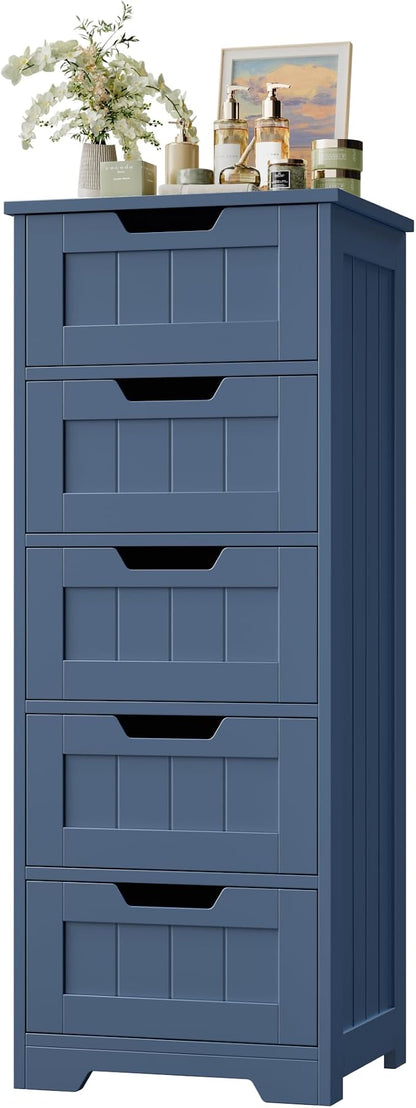FOTOSOK Bathroom Cabinet, Bathroom Storage Cabinet with 5 Drawers, Blue | Narrow Bathroom Storage with Cut-Out Handles, 11.8” x 15.7” x 40.1”, Slim & Small Floor Cabinet for Laundry/Hallway