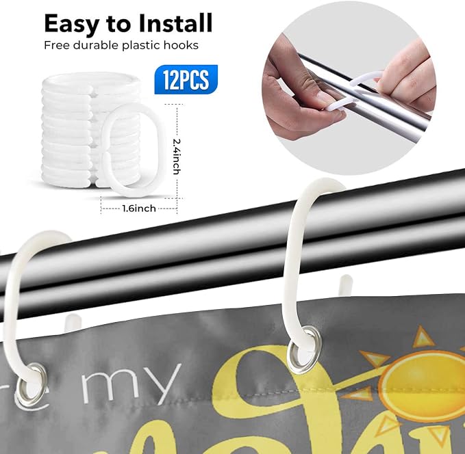 Shower Curtain for Bathroom Decor, 66 x 72 Inch, Sunshine Yellow | Quote Inspirational Gray Waterproof Polyester Fabric Shower Curtains Set with Hooks