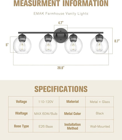 Emak 29 Inch Black Bathroom Light Fixtures, 4-Light Vanity Light with Clear Glass Shade, Globe Vanity Lights for Bathroom, VL114-BKL-4