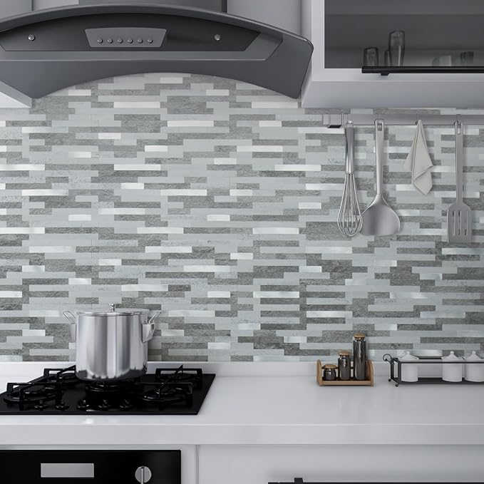 AULIGET 20 Sheets Faux Stone Peel and Stick Backsplash, Grey Slate Look PVC Wall Tile Stick on Backsplash for Kitchen and Bathroom