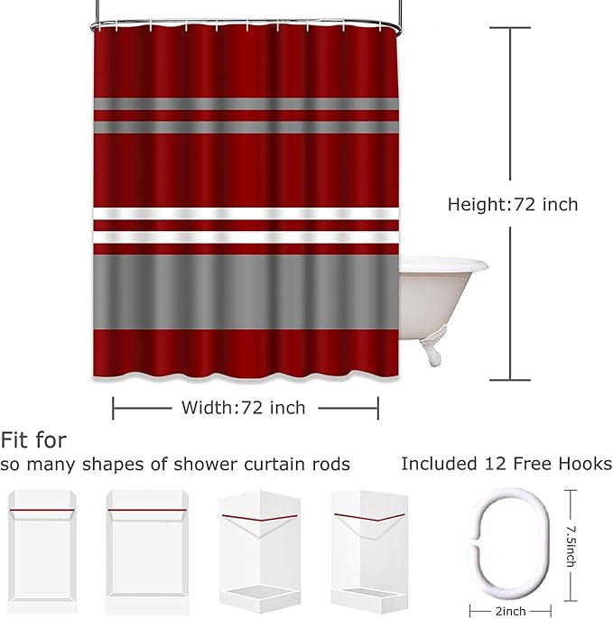 Shower Curtain, for Bathroom Decor 72 x 72 Inch, Striped Brick Red | Grey Crimson Waterproof Polyester Fabric Shower Curtains Set with Hooks