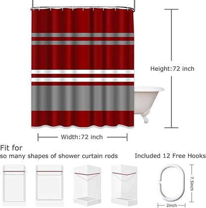 Shower Curtain for Bathroom Decor 72 x 78 Inch, Brick Crimson Red | Grey White Waterproof Polyester Fabric Shower Curtains Set with Hooks