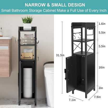 VECELO Small Bathroom Cabinet,Slim Toilet Paper Holder with Door&Metal Scroll, Upgraded Narrow Storage Organizer for Restroom Bathroom Tiny Space,Fenced Top Waterproof Coating,Black