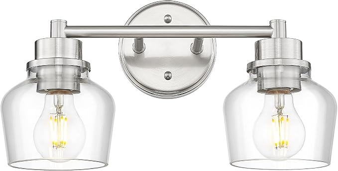 Emak 2-Light Vanity Lights, Brushed Nickel Bathroom Lights Over Mirror with Clear Glass Shade, Modern Bathroom Wall Sconces, VL122-BN-CG-2