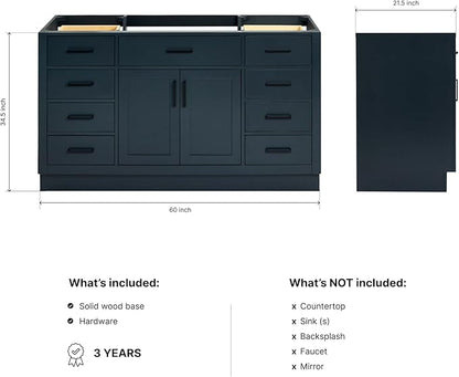 ARIEL Hepburn 60-inch Bathroom Vanity Base Cabinet,Solid Wood, 2 Soft Closing Doors, 9 Dovetail Drawers, Midnight Blue