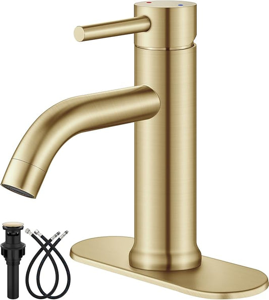 Aolemi Bathroom Faucet Single Hole,Single Handle Bathroom Sink Faucet with Supply Lines,with Pop Up Drain Assembly and Deck Plate,Brushed Gold