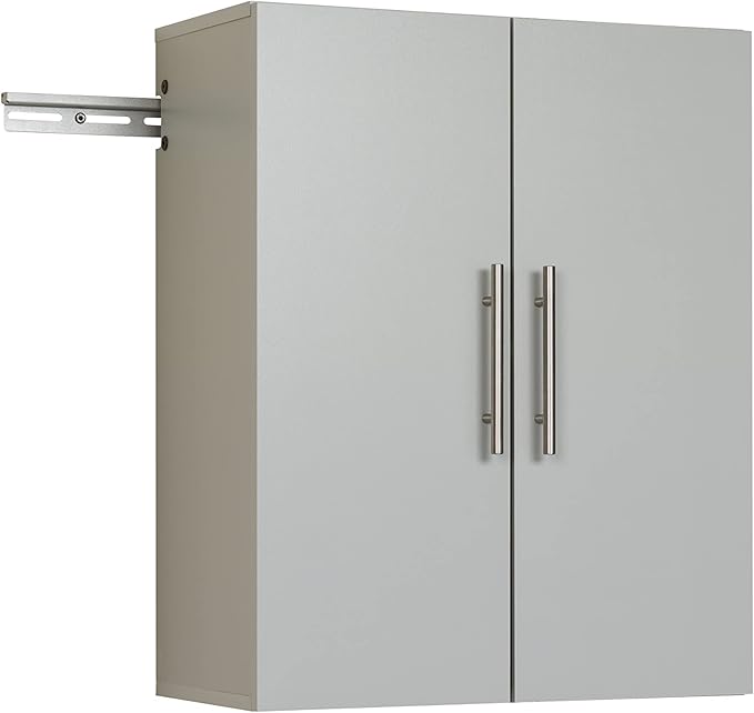 Prepac HangUps 24'' Upper Cabinet, Wall Hanging Storage Cupboard for Garage, Bathroom, Kitchen, Laundry Room Organization, Light Gray with Satin Nickel Handles