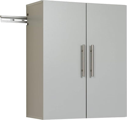 Prepac HangUps 24'' Upper Cabinet, Wall Hanging Storage Cupboard for Garage, Bathroom, Kitchen, Laundry Room Organization, Light Gray with Satin Nickel Handles