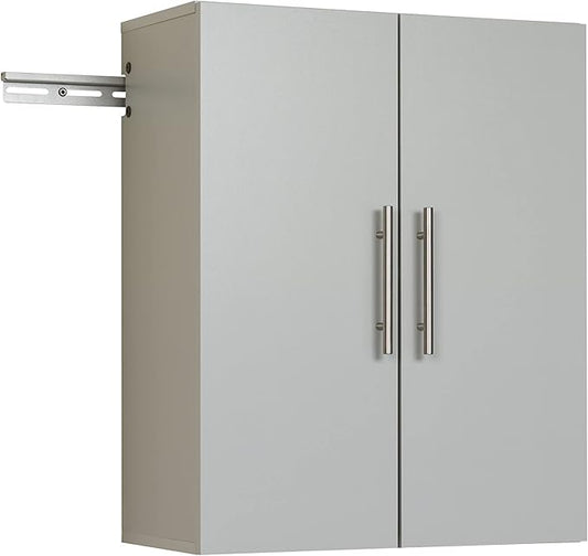 Prepac HangUps 24'' Upper Cabinet, Wall Hanging Storage Cupboard for Garage, Bathroom, Kitchen, Laundry Room Organization, Light Gray with Satin Nickel Handles