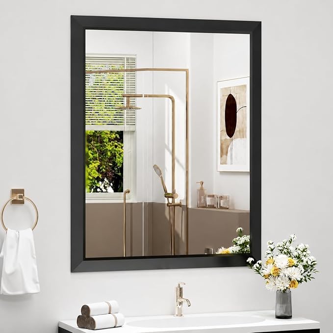 SMIROR 24x36 Matte Black Bathroom Vanity Mirror for Over Sink | Metal Wide Frame, Rectangle, Right- Angle Corner, Anti-Rust, Horizontally or Vertically Wall- Mounted for Home Remodel