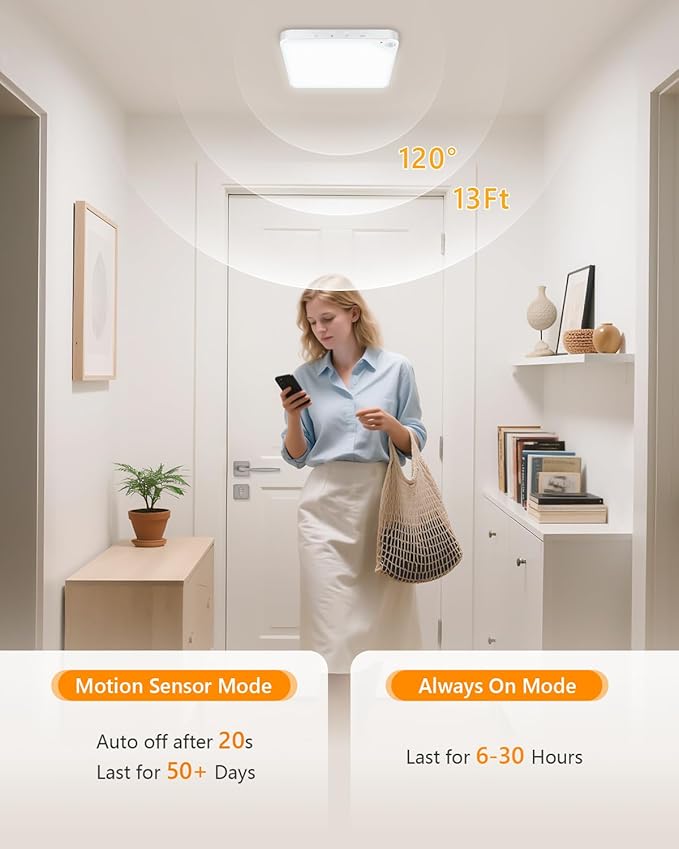 Rechargeable 6W Motion Sensor Light Indoor for Closet,Ceiling&Shower,2-Pack | No Wiring & Magnetic Stick-on Installation•Remote Control•5 Brightness Levels & 3 Color Temperatures•Ideal for Small Spaces