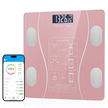 Smart Body Fat Scale with Led Display - Digital Bathroom Scale with Bluetooth, Accurate Body Composition Measurement, Muscle Mass, BMI, and Body Water Analysis (Pink)