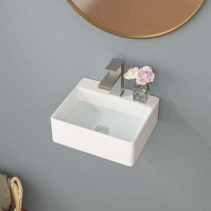 Sarlai Wall Mount Hung Small Vessel Sink - 13"x11" Floating Vessel Sink Wall Mounted Small Bathroom Sinks Tiny Modern Rectangle Floating White Porcelain Ceramic Vanity Sink