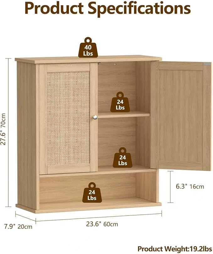 27.6" H Bathroom Wall Cabinet, Modern Medicine Cabinet with Adjustable Shelf & 2 Rattan Doors, Large Over The Toilet Storage Cabinet for Kitchen, Laundry, Living Room, Natural Oak