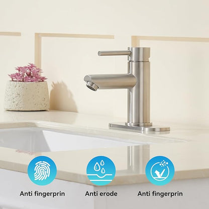 Brushed Nickel Bathroom Faucets Stainless Steel Single Handle Bathroom Sink Faucets 1 Hole or 3 Holes with Pop-up Drain for RV Vanity