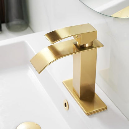 BWE Brushed Gold Bathroom Faucet Modern Waterfall Single Hole Faucet for Bathroom Sink Single Handle with Pop Up Drain with Overflow Assembly and Supply Line Lavatory Bath Faucet
