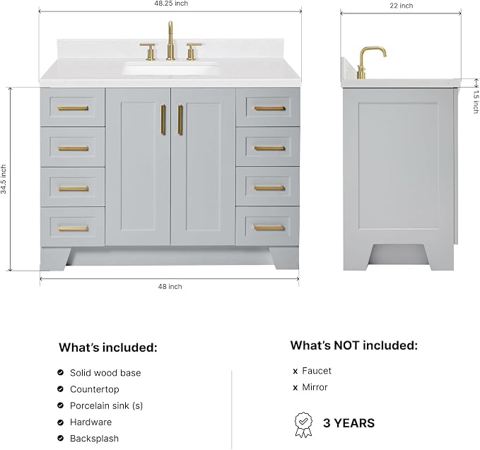 Emilia 48-Inch Bathroom Vanity with Sink — Grey Single Sink Bathroom Vanity, 1.5" Edge Carrara Quartz Countertop, Solid Wood, 2 Soft Closing Doors, 9 Dovetail Drawers