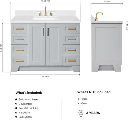 Emilia 48-Inch Bathroom Vanity with Sink — Grey Single Sink Bathroom Vanity, 1.5" Edge Carrara Quartz Countertop, Solid Wood, 2 Soft Closing Doors, 9 Dovetail Drawers