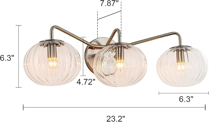 Lingkai 3 Light Bathroom Light Fixtures,Brushed Nickel Modern Vanity Lights with Clear Striped Glass Shades,Bathroom Vanity Lighting Over Mirror for Living Room Dinning Room Bedroom