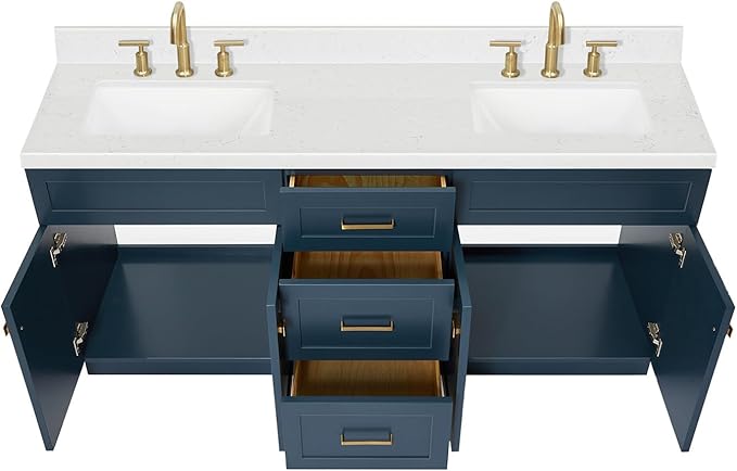 ARIEL Hamlet 72-inch Bathroom Vanity with Sink,Solid Wood, 1.5-inch Carrara White Quartz Countertop, Double Rectangular Porcelain Sink, 4 Soft Closing Doors, 3 Dovetail Drawers, Midnight Blue
