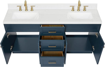 ARIEL Hamlet 72-inch Bathroom Vanity with Sink,Solid Wood, 1.5-inch Carrara White Quartz Countertop, Double Rectangular Porcelain Sink, 4 Soft Closing Doors, 3 Dovetail Drawers, Midnight Blue