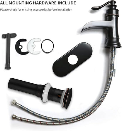 BWE Bathroom Sink Faucet Oil Rubbed Bronze Waterfall with Pop Up Drain Stopper Assembly Water Supply Hose Rustic Lead-Free Lavatory Vanity Bath Black Farmhouse Faucet Single Handle Mixer Single Hole