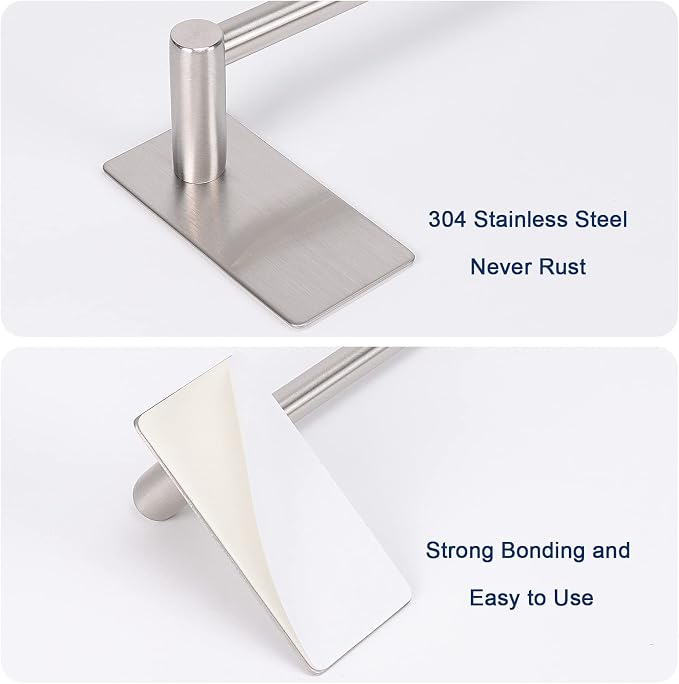 NearMoon Self Adhesive Bathroom Towel Bar- Stainless Steel Bath Wall Shelf Rack Hanging Towel Stick On Sticky Hanger Contemporary Style, NO Drilling (2 Pack, Brushed Nickel, 12-Inch Towel Rack)