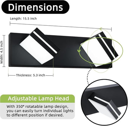OKELI 2 Light Black Bathroom Vanity Light Over Mirror Modern LED Dimmable Bathroom Light Fixture Black 350° Rotatable Lamp Head 16W 6000K Cold White ETL Listed