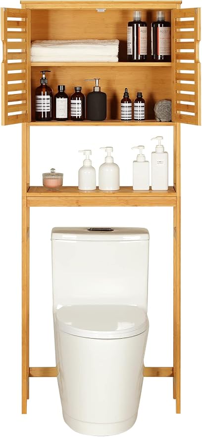 VIAGDO Over The Toilet Storage Cabinet, Tall Bathroom Cabinet Organizer with Cupboard and Adjustable Shelves, Freestanding Toilet Shelf Space Saver Rack Stand for Laundry Room, Balcony, Bamboo