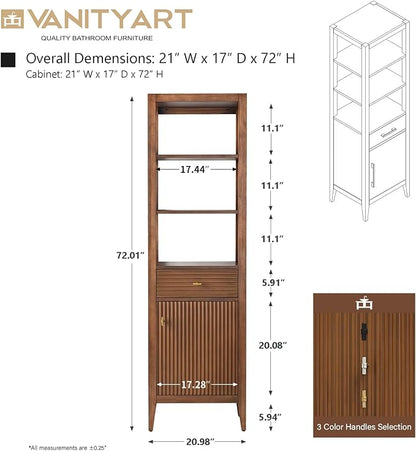 Vanity Art Walnut Vanity with Storage Cabinet & Shelves, Free-Standing Vanity with Soft-Closing Doors, Walnut, VA91-LC-Walnut-MB,Matte Black Handles