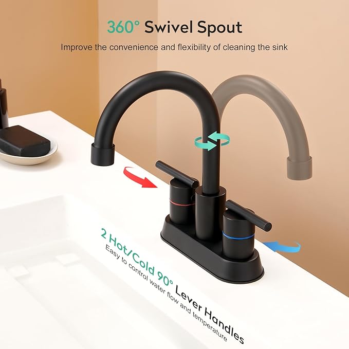 Faustina Matte Black Bathroom Faucet, 4 Inch Centerset Bathroom Faucets for Sink 2 Hole 3 Holes，Two Handles 304 Stainless Steel Faucet with Pup up Drain and 2 cUPC Water Supply Lines for RV Vanity