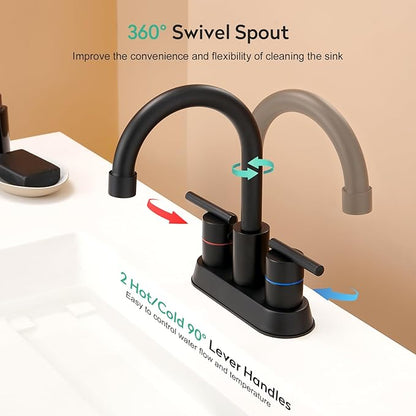 Faustina Matte Black Bathroom Faucet, 4 Inch Centerset Bathroom Faucets for Sink 2 Hole 3 Holes，Two Handles 304 Stainless Steel Faucet with Pup up Drain and 2 cUPC Water Supply Lines for RV Vanity
