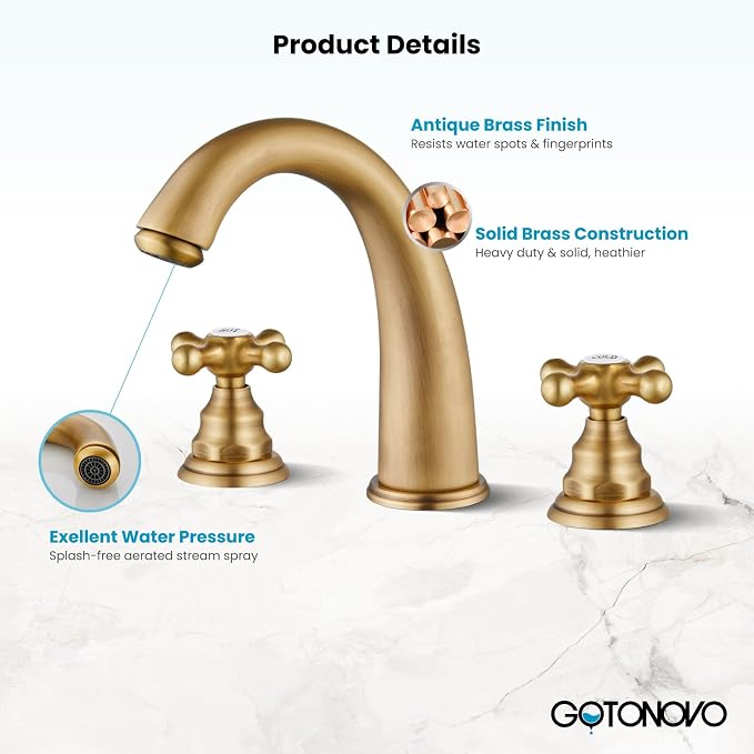 gotonovo Widespread Bathroom Sink Faucet 3 Hole Antique Brass,H&C Label | Vintage 8’’ Bathroom Faucet,2 Cross Handle,6-16’’ Sink,Vanity,RV,Farmhouse,SUS304,24’’ cUPC Hose,Pop Up Drain,Deck Mount