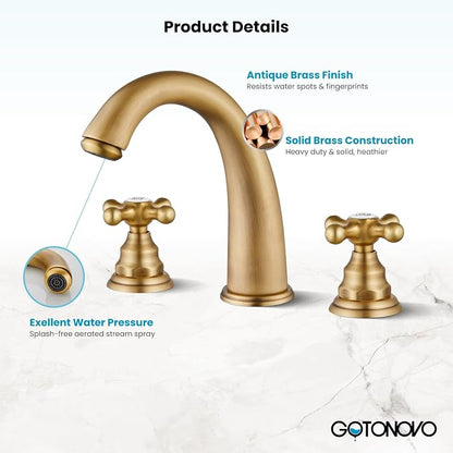 gotonovo Widespread Bathroom Sink Faucet 3 Hole Antique Brass,H&C Label | Vintage 8’’ Bathroom Faucet,2 Cross Handle,6-16’’ Sink,Vanity,RV,Farmhouse,SUS304,24’’ cUPC Hose,Pop Up Drain,Deck Mount